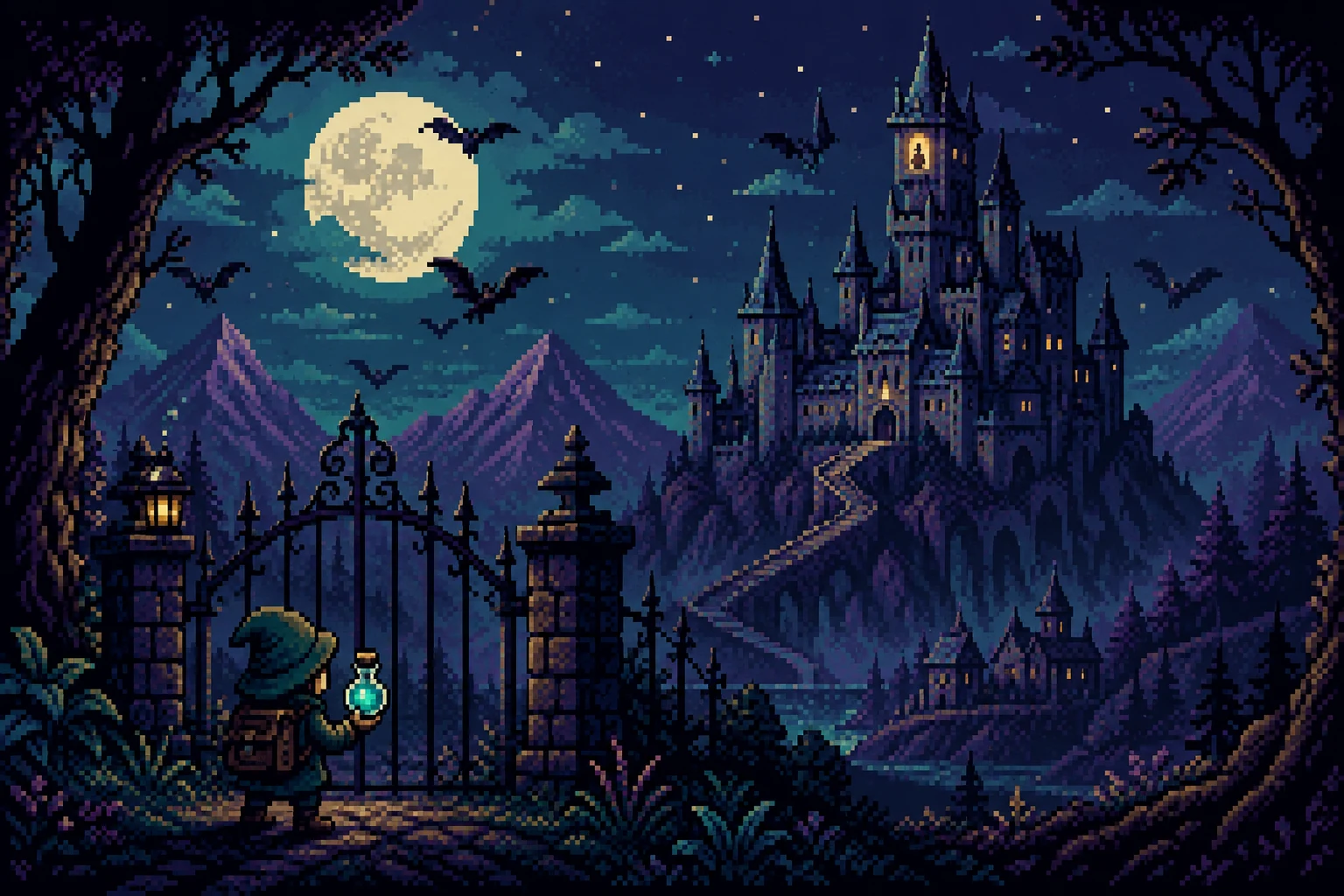 A tiny cloaked alchemist approaches a mysterious castle beneath the moon.